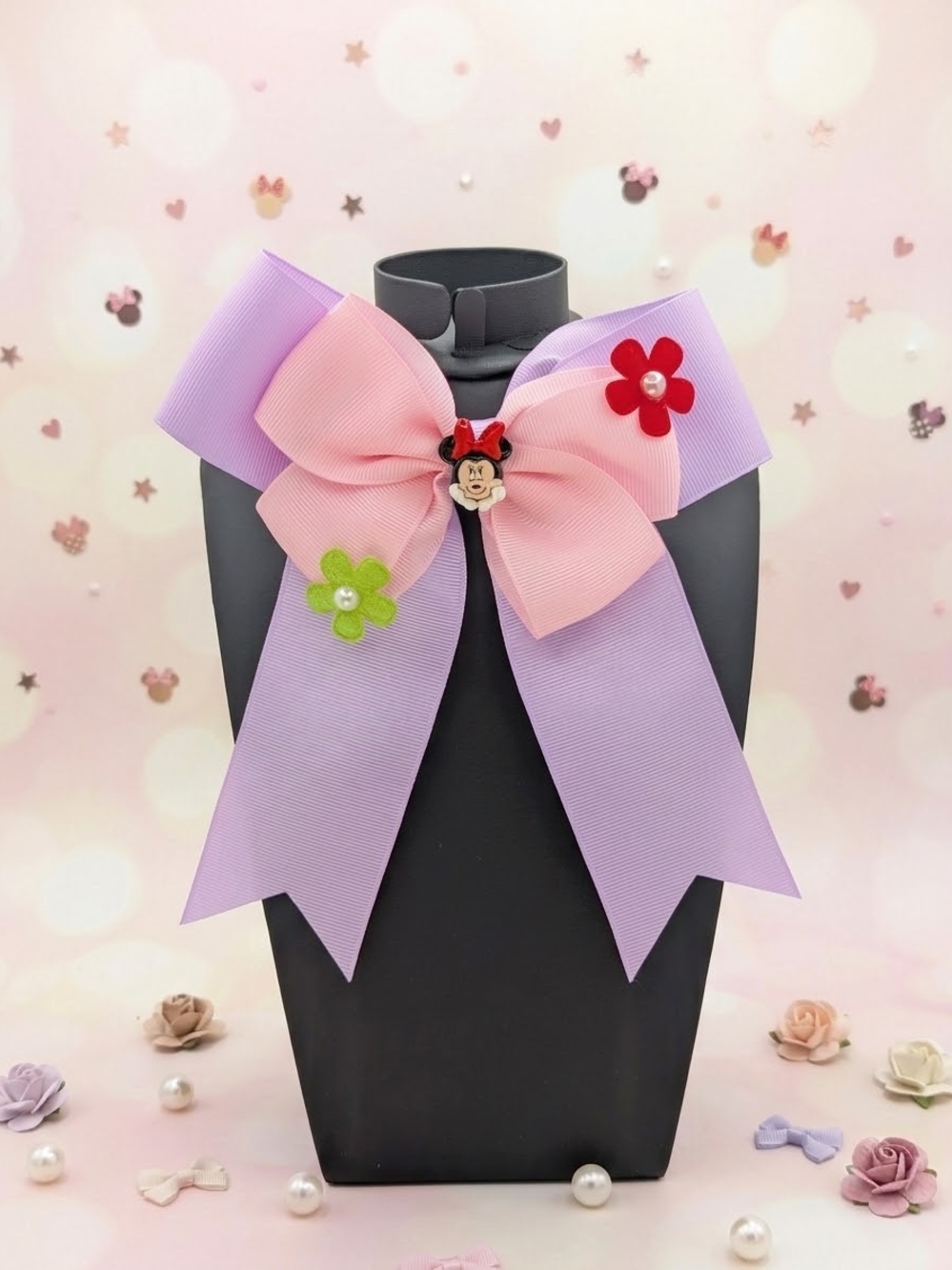 Large Purple & Pink Layered Ribbon Minnie Mouse Charm Hairbow
